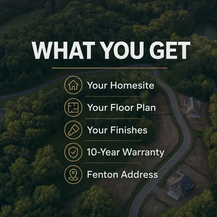 Carousel slide: what you get, homesite, floor plan, finishes, 10-year warranty