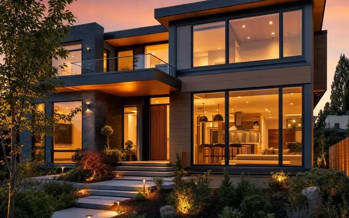 Blog hero image for The Moen Group: a modern home at dusk