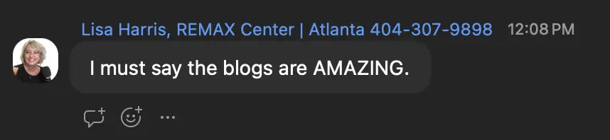 Lisa, team chat: "the blogs are AMAZING"
