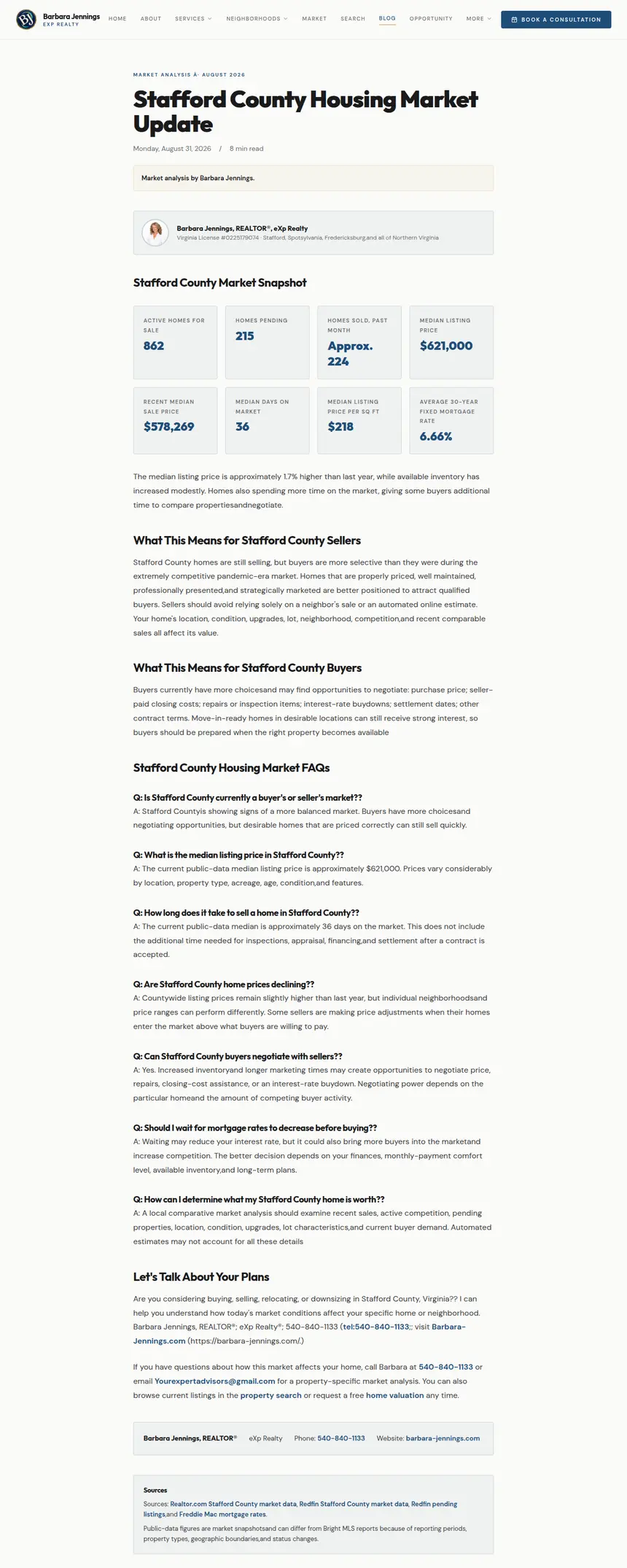 The Stafford County housing market update article published on Barbara Jennings’s site