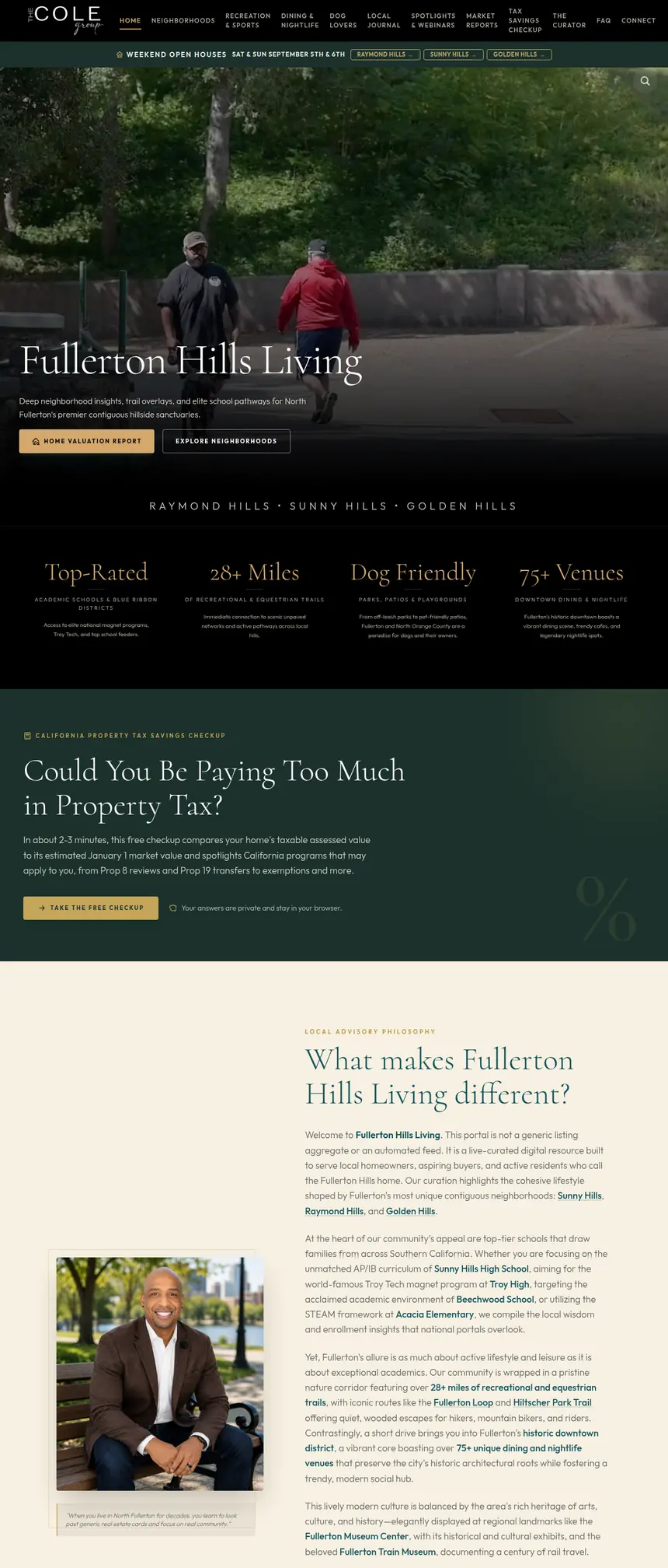 fullertonhillsliving.com on a desktop: Rob Cole’s North Fullerton neighborhood guide, with its hero, the three hillside neighborhoods, dining, schools and market sections