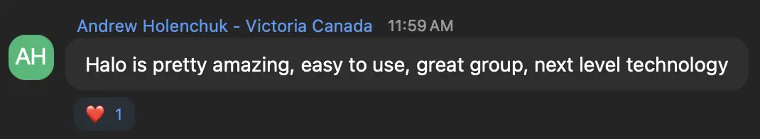 Andrew Holenchuk, Victoria, Canada: Halo is pretty amazing, easy to use, great group, next level technology.